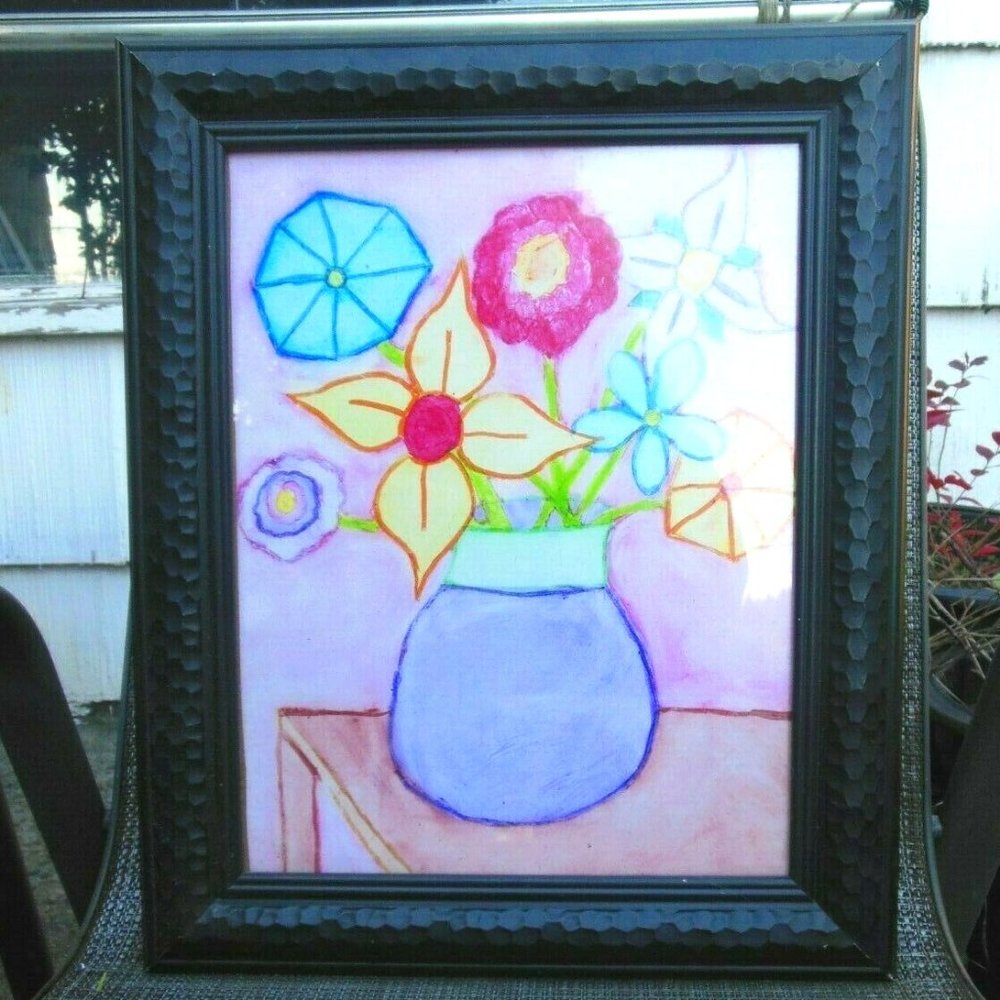 Child's Watercolor Painting of a Vase of Flowers Framed and Matted Still Life